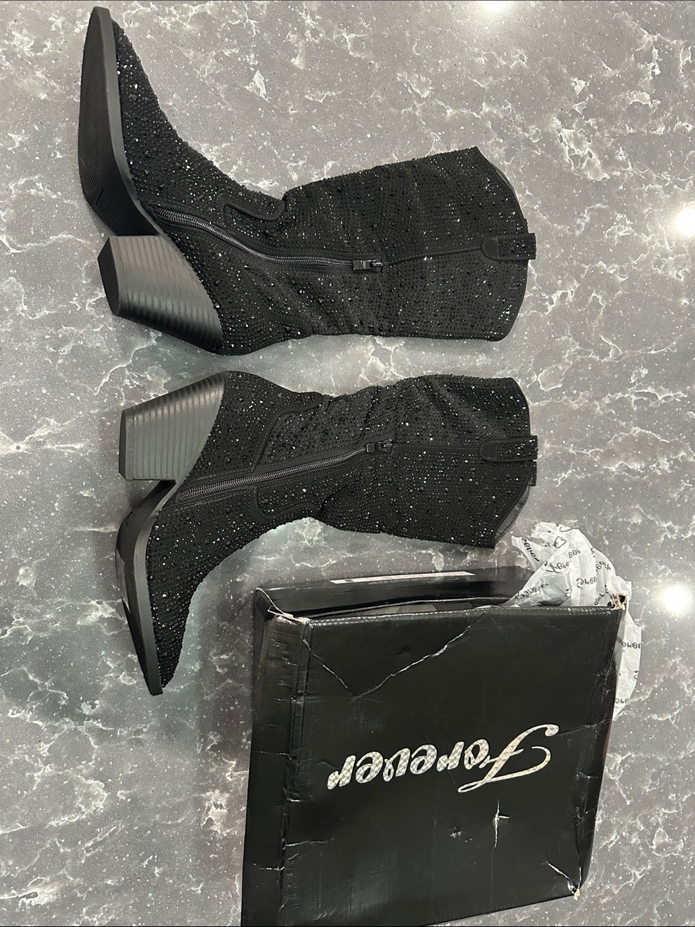 Black Rhinestone Cowboy Pull On Block Heel Boots size 8